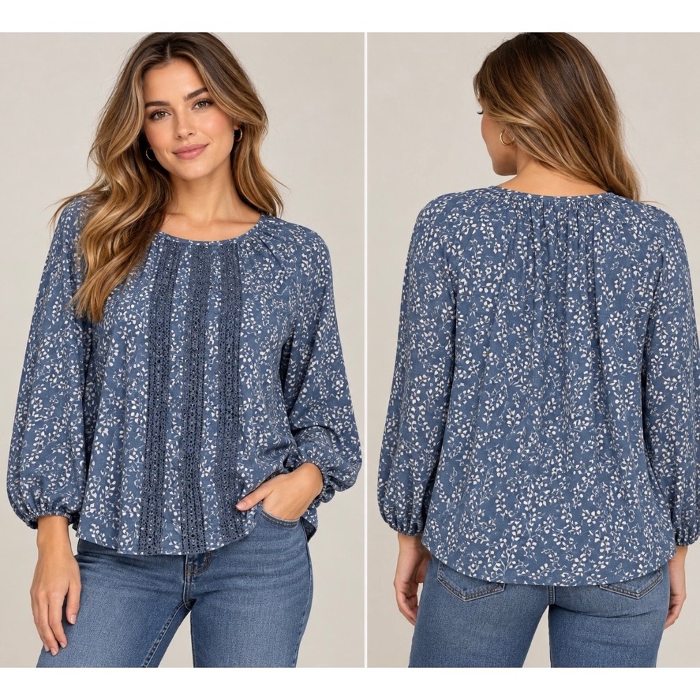 Lauren Conrad Blue Floral Crochet Lace Trim Balloon Sleeve Blouse XL cottage cor